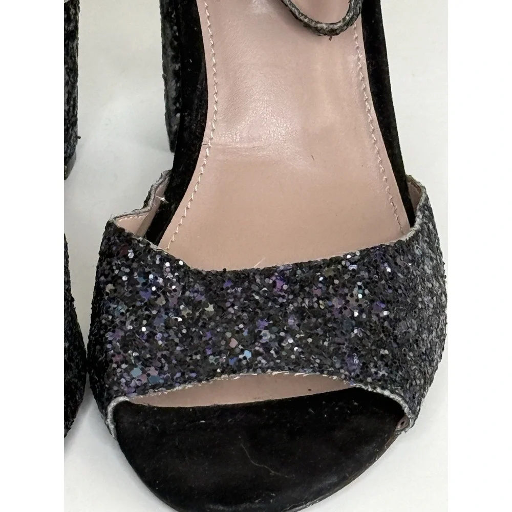 Betsey Johnson Glissten Black Glitter Heels Peep Toe Adjustable Ankle Strap Sz 9 - Picture 5 of 15